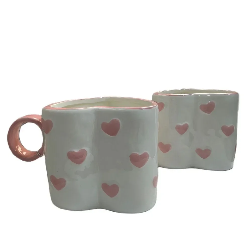 Heart Shape Pink/ White Ceramic Coffee Tea Mug, Painted by Hand 18OZ - Lot of 2